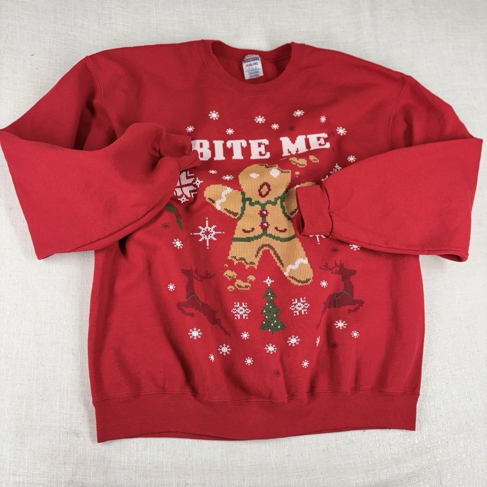 Jerzees NuBlend Bite‎ Me Gingerbread Ugly Christmas Sweater Red XL Funny Holiday